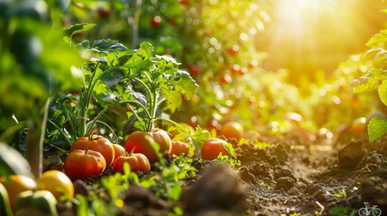 Tomatoes growing in a garden with the sun shining.