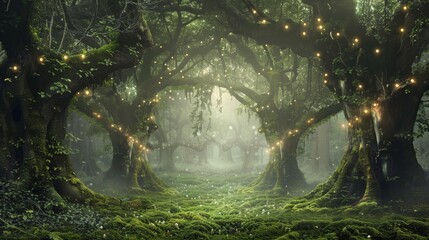 A mystical forest scene illuminated by golden twinkling lights among ancient trees, with sunbeams filtering through mist.
