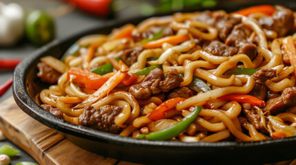 Traditional iron skillet sizzling with mongolian beef stir-fry, veggies, and noodles, highlighting the flavors of mongolian cuisine