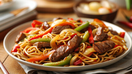 Classic mongolian beef dish with stir-fry noodles, vibrant bell peppers, and fresh spring onions displayed on a rustic wooden surface