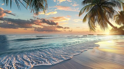 A breathtaking tropical beach scene at sunset, featuring palm trees against a backdrop of a vibrant sky and gentle ocean waves.