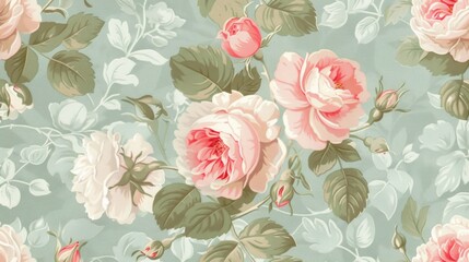 Elegant vintage floral wallpaper design featuring delicate pink and white roses on a soft green background, ideal for classic home decor.