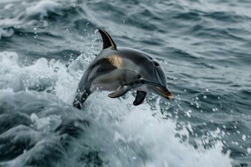 Obraz premium A dolphin leaps out of the water in a playful display of agility and grace, A playful dolphin jumping out of the water