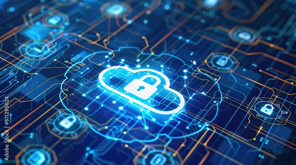 Poster Cloud and padlock icon in motherboard, digital security data connection on dark blue background.