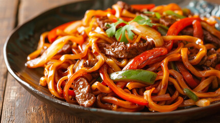 Savory mongolian beef stir-fry with vegetables and noodles served on a black plate, garnished with green onions, on a rustic table