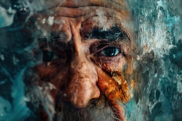 A portrait of an elderly man with a beard and piercing blue eyes, reflecting pain and distress.