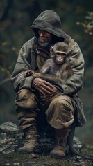 Fototapeta premium Man Embracing Primate Companion in Wilderness Sanctuary