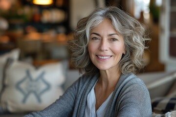 A middle-aged grey-haired woman sitting on a couch, smiling at the camera.