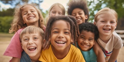 Diverse group of kids standing side by side, showing unity and togetherness.