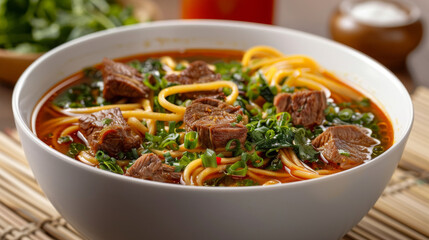 Mongolian beef noodle soup in a bowl, with flavorful broth, veggies, and succulent beef, ideal for a satisfying meal