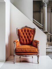 A vintage wooden chair with orange cushions, set against a plain white backdrop.
