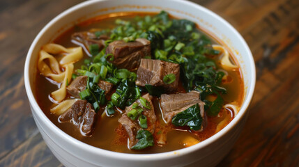 Authentic asian cuisine: mongolian beef noodle soup with fresh green onions and vegetables, a delectable bowl