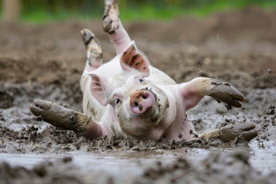 A pig happily rolling around in a muddy field, enjoying the mess, A playful pig rolling around in the mud