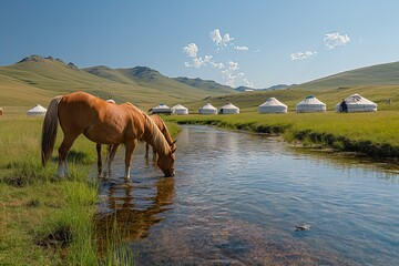 Brown horse bending down to drink water from a stream in a rural setting.