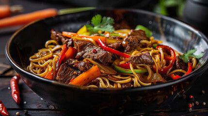 Authentic mongolian beef stir fry with noodles, vegetables, and spices served in a black bowl on a dark wooden background