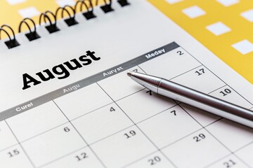 A calendar showing the month of August with a pen next to it. - Powered by Adobe