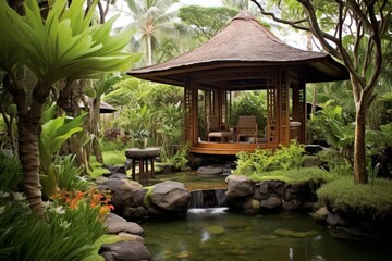 Balinese Garden - a garden with tropical plants, gazebo, stone statues, and a fish pond, evoking the tranquil beauty of Bali.  Tranquil garden gazebo surrounded by lush greenery and a gentle stream.