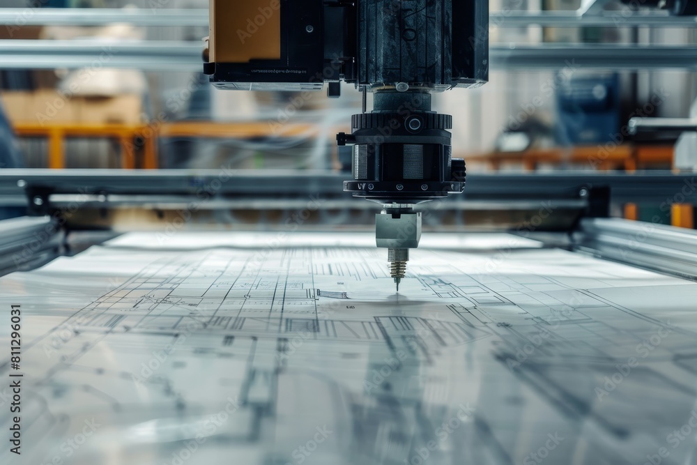 Poster a milling machine in action, cutting a piece of metal with precision and efficiency, a plotter print