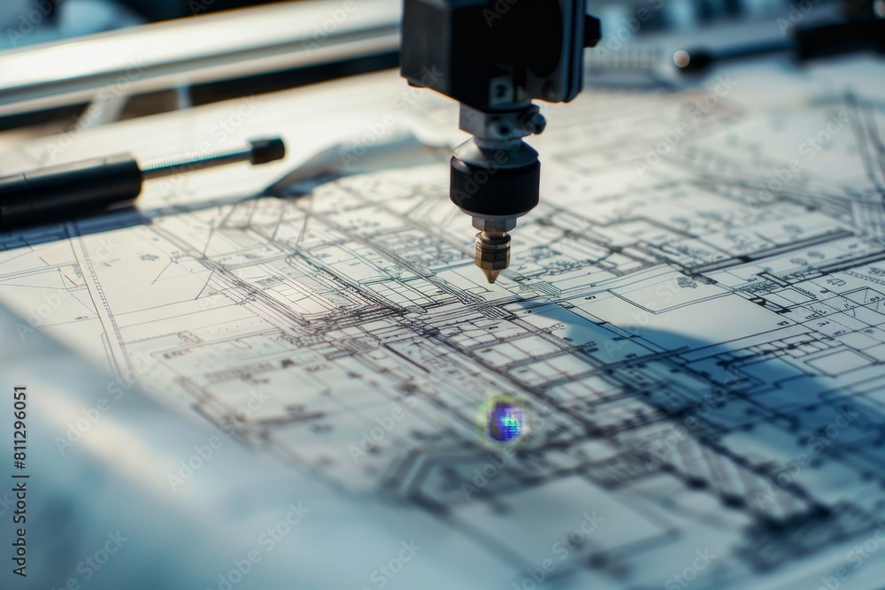 Poster a plotter machine is working on a detailed architectural blueprint, printing intricate lines and des