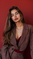 Fototapeta premium Sophisticated Woman Exuding Class and Elegance on a Deep Burgundy Backdrop