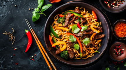 Savory mongolian beef stir fry with vegetables and noodles, topped with fresh herbs and served in a rustic setting with chopsticks