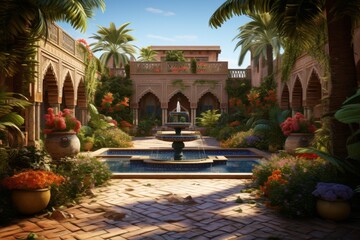 Obraz premium Tranquil courtyard with a fountain surrounded by exotic plants and flowers