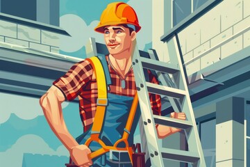 A man in work overalls and a hard hat standing next to a ladder, A plumber carrying a ladder