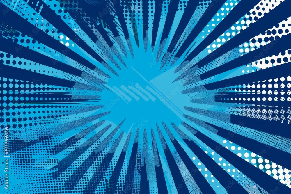 Poster blue background with a halftone pattern and rays of light in the center, comic style background gene