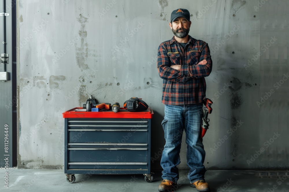 Poster a plumber standing next to a toolbox in a workshop, a plumber standing next to a toolbox