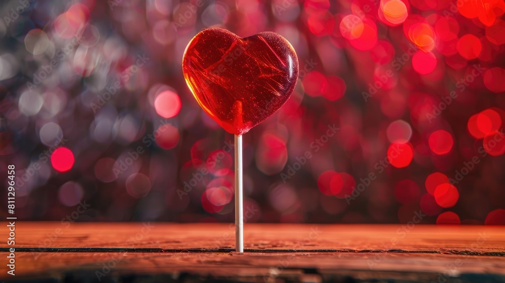 Poster heart shaped lollipop on a table with a red and dark backdrop