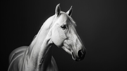 the white horse’s calm and expressive demeanor, captured in a black and white portrait. Generative AI