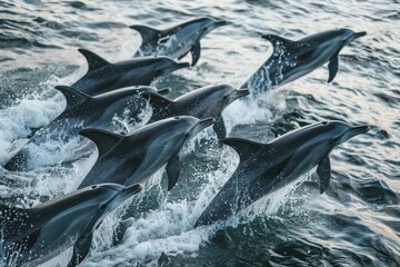 Pod of dolphins leaping out of the ocean in a coordinated display of communication and play, A pod of dolphins communicating with each other through clicks and whistles