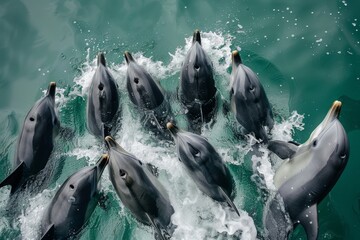 A pod of dolphins communicating and swimming together in the ocean, A pod of dolphins communicating with each other through clicks and whistles