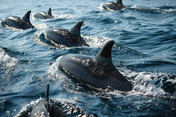 Fototapeta premium A pod of dolphins swimming together in the ocean, communicating and moving gracefully through the water, A pod of dolphins communicating with each other through clicks and whistles