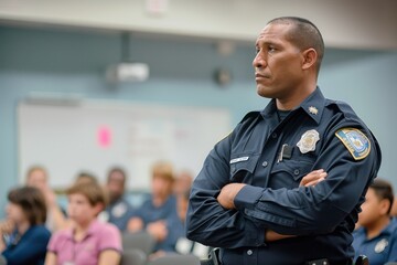 A police officer stands in front of a group of people, addressing issues at a community meeting, A police officer attending a community meeting to address concerns