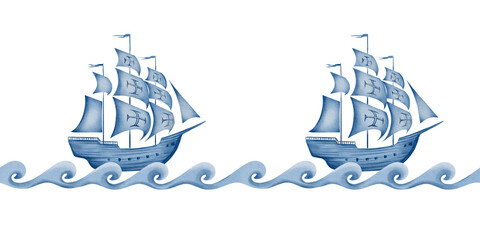 An old sailing ship on stylized waves seamless border,simple silhouette in blue and white colors.Illustration in watercolor style for printing, stickers, borders, wallpaper, websites, ceramic tiles.