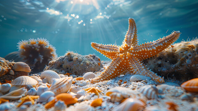 Starfish and shells bask in the sun's rays on the sandy seabed.