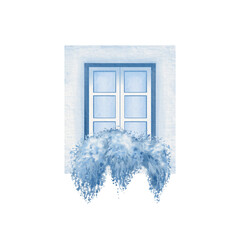 Window with wooden closed-frame and flowers in pot as an element of medieval house facade of old European town in monochrome blue and white colors.For patterns,images of facades,stickers,postcards.
