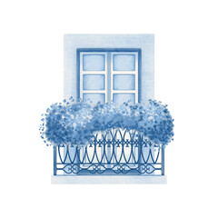 Balcony door with wooden frames,openwork metal fence,wooden railing with potted flowers as an element of medieval house facade of old European town in monochrome colors.For stickers,postcards,patterns