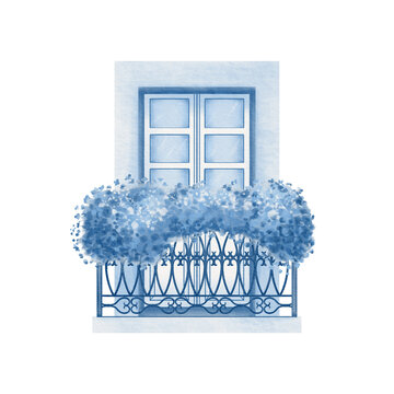 recommend clip art: Balcony door with wooden frames,openwork metal fence,wooden railing with potted flowers as an element of medieval house facade of old European town in monochrome colors.For stickers,postcards,patterns