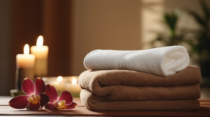  Stacked white and brown towels with a pink orchid flower on a wooden surface 