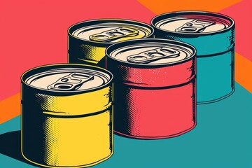 Three colorful cans of soda positioned in a row next to each other, A pop art-inspired...