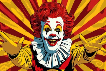 A detailed view of a person wearing a colorful clown mask, A pop art-inspired portrait of a fast food mascot
