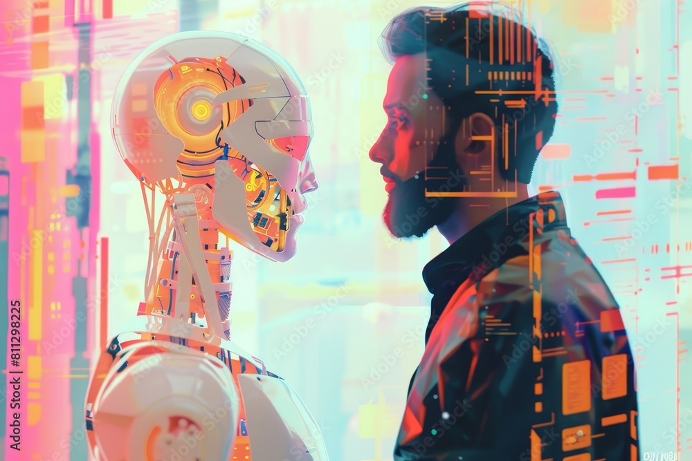 Poster a man and a humanoid robot standing next to each other in front of a window, a portrait of a humanoi
