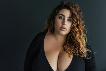 Fototapeta premium A woman confidently poses for a picture, highlighting her big breasts, A portrait of a confident woman with curves