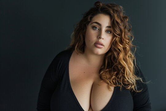 A woman confidently poses for a picture, highlighting her big breasts, A portrait of a confident woman with curves