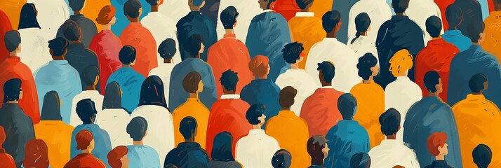 Colorful, stylized depiction of a densely packed crowd in an abstract design