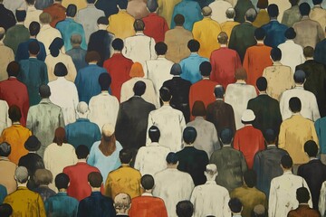Realistic vintage painting showing the backs of a multicolored crowd