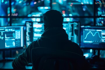 A focused programmer at work in a high-tech control room illuminated by screens displaying data and graphs