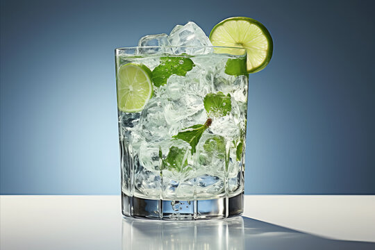 A vibrant photograph capturing mahito cocktail in a clear glass, with refreshing lime, crisp ice, and fresh mint, background.